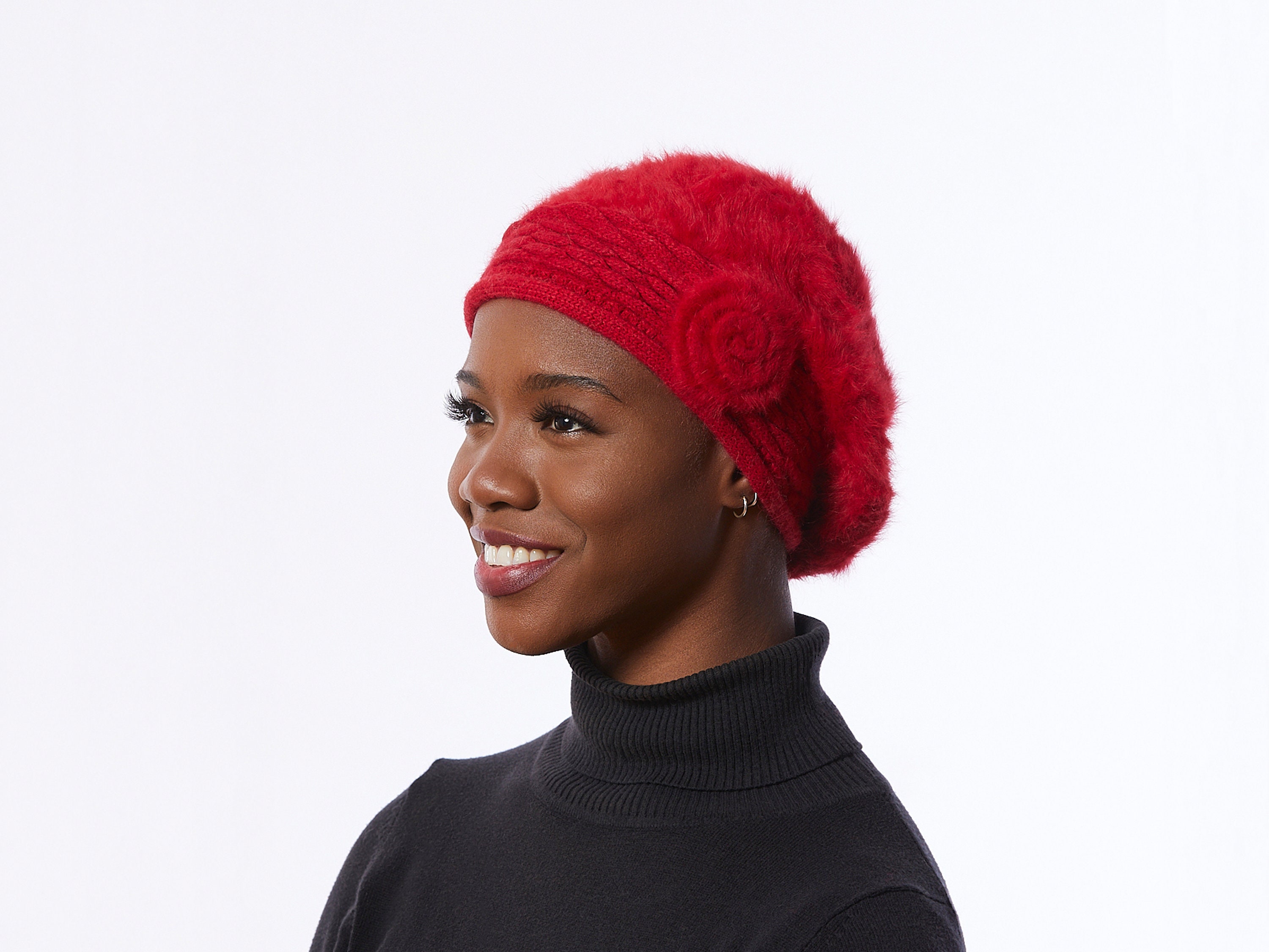 Red Knit Beret, Angora Wool Blend Beret, Winter Hat With Flower