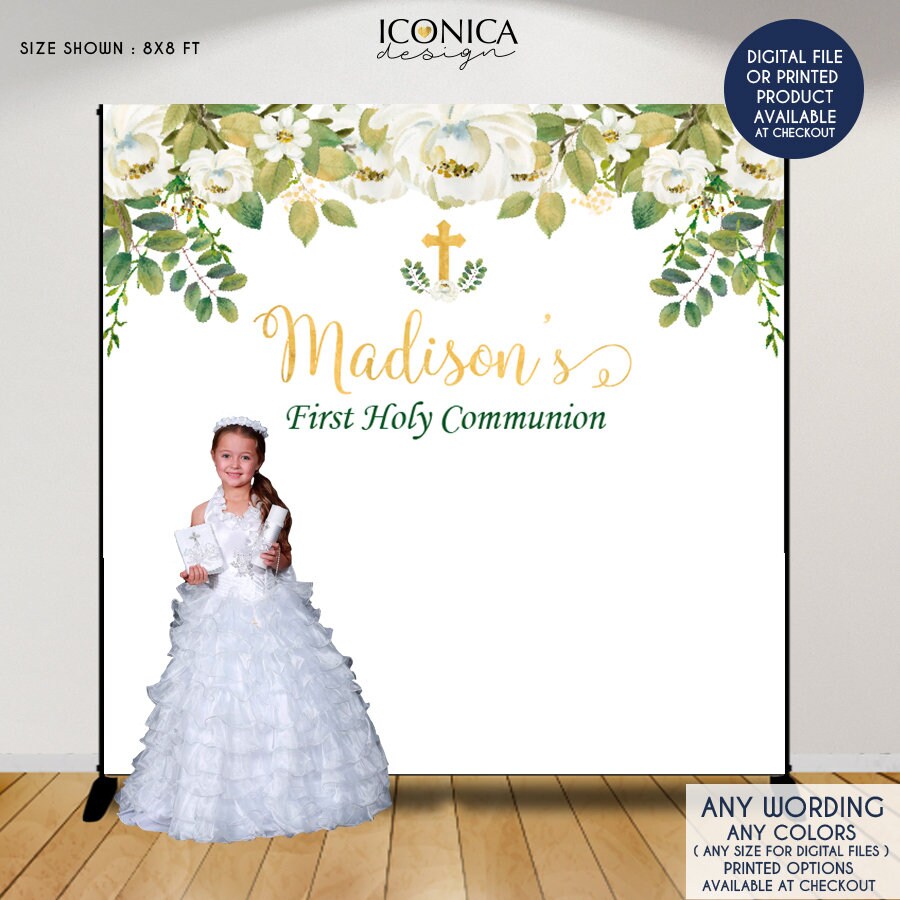 First Communion Backdrop, Greenery & White Floral Baptism Backdrop, Floral Photo Printed Or Printable File Bfc0011