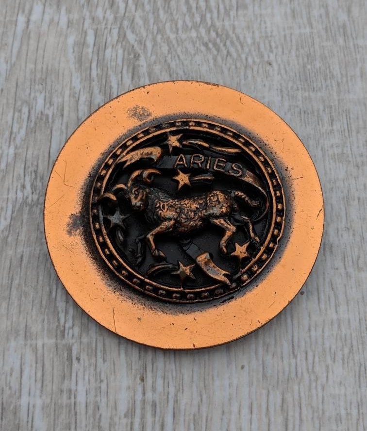 Large Copper Aries Ram Zodiac Brooch Or Pendant