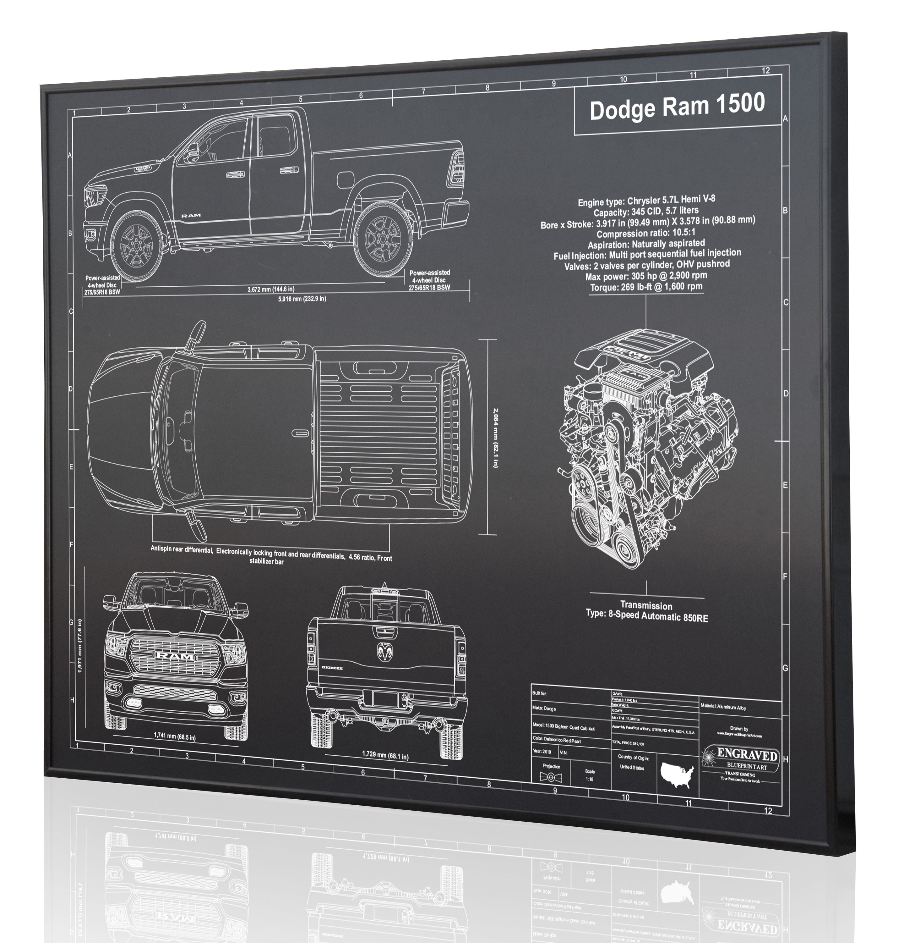 Dodge Ram 1500 Pickup Truck Laser Engraved Wall Art Poster. On Metal, Acrylic Or Wood. Custom Car Art, Sign. Great Gift
