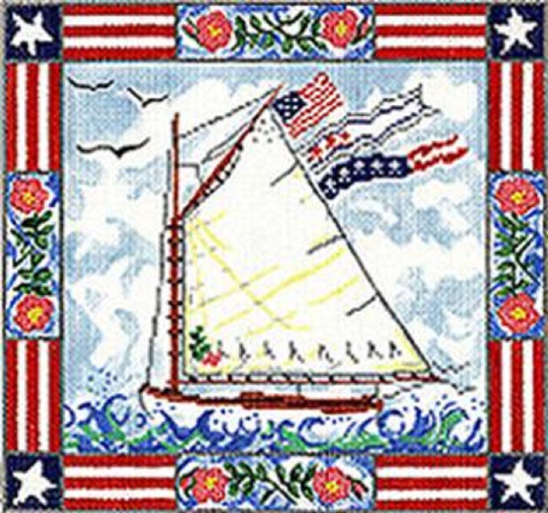 Needlepoint Handpainted Cooper Oaks Patriotic Sailboat 8x8 -Free Us Shipping