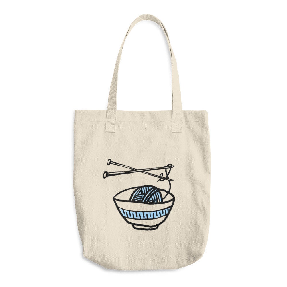 Large Tote & Project Bag in Cotton Denim With Blue Yarn Bowl Design For Knitters