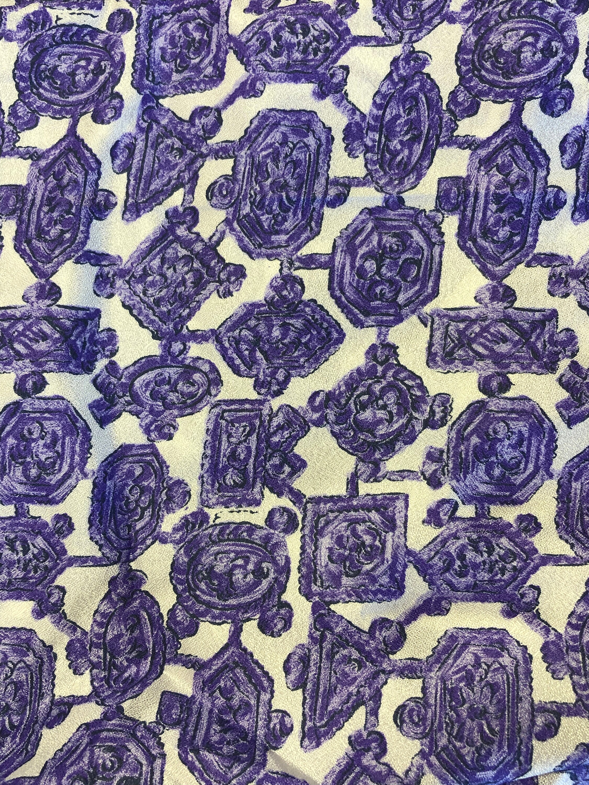 Vintage Purple & White Polyester Blend Shimmery Fabric, 45W X Price Per Yard; Blend Fabric, Purple Abstract Blouse Fabric