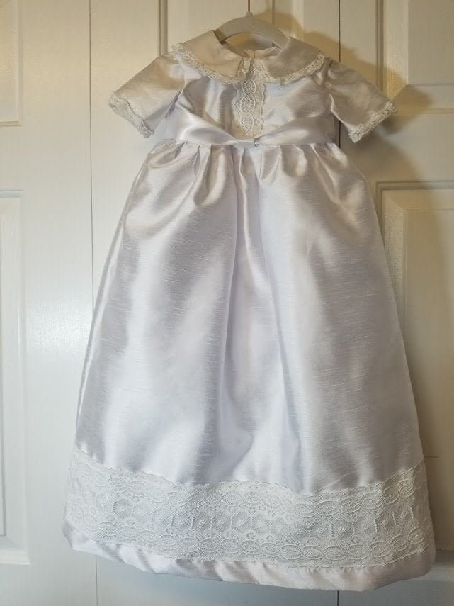 White Silk-Blend Gown With Lace Detail For Christening, Baptism, Blessing Or Other Special Occasion