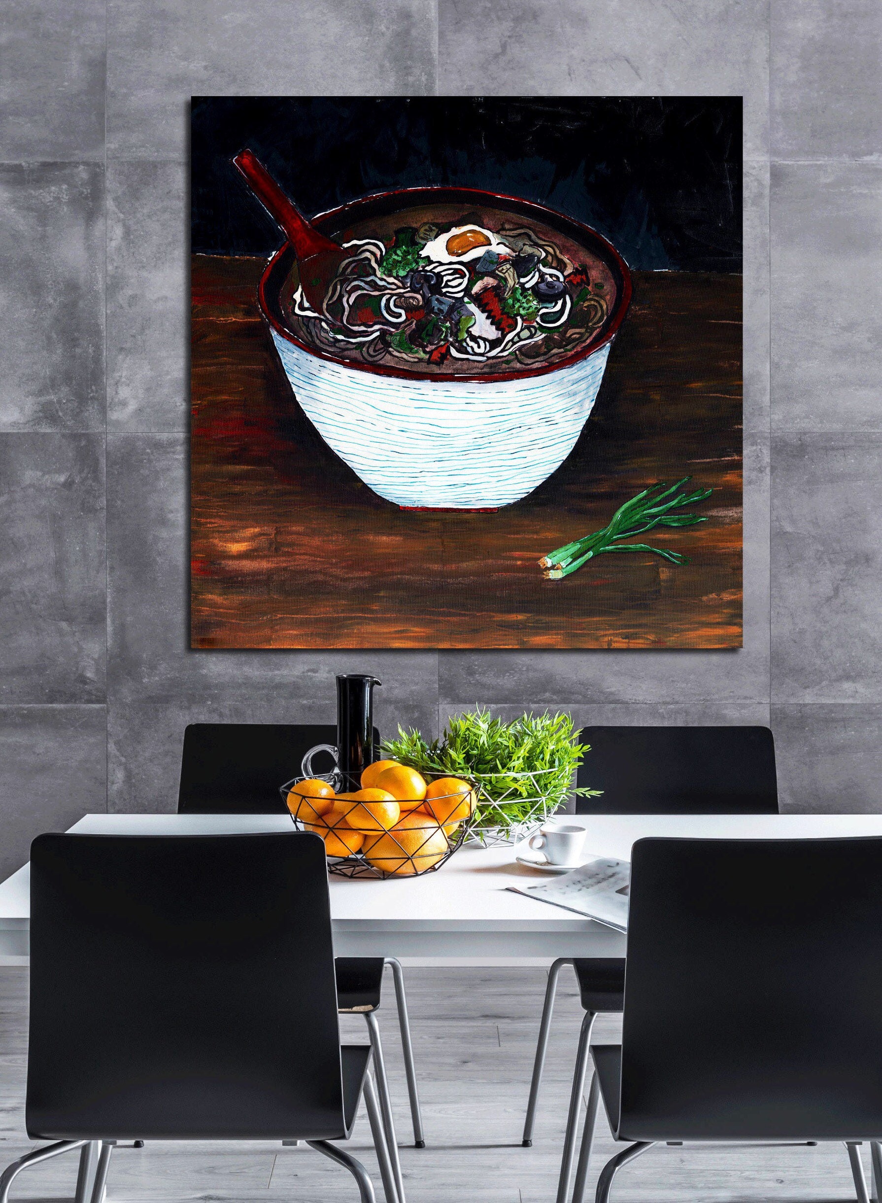 Noodle Soup Art, Food Art, Painting Of Noddles, Egg, Scallions, Restaurant Commercial Modern Recipe, Udon, Kitchen Art