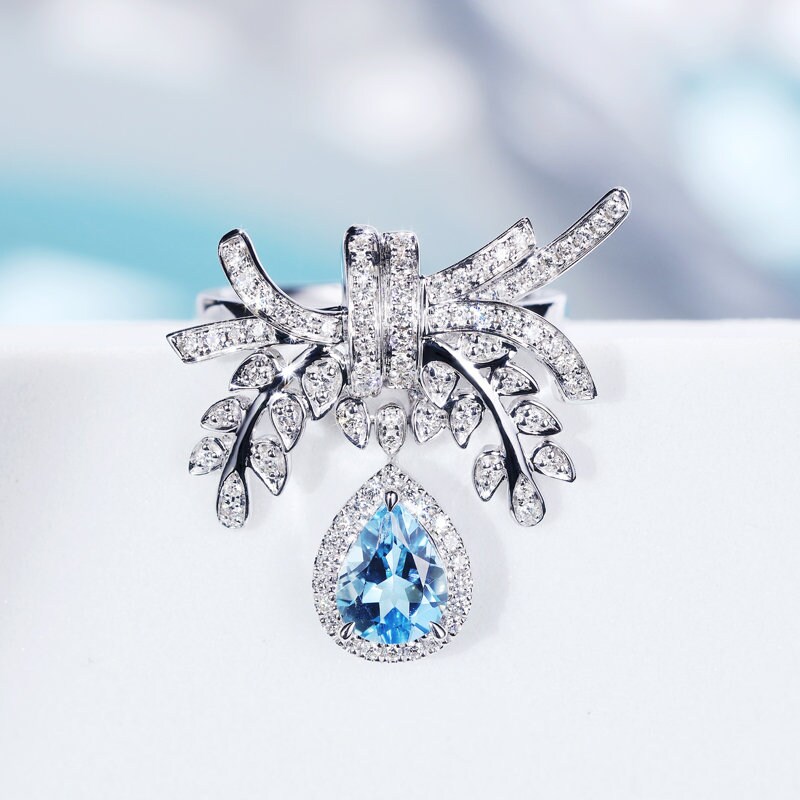 Diamond Aquamarine Leaf Dangle Ring in Solid 18K Gold/Custom Fine Jewelry/Personalization Design/Unique Gift For Women & Girls