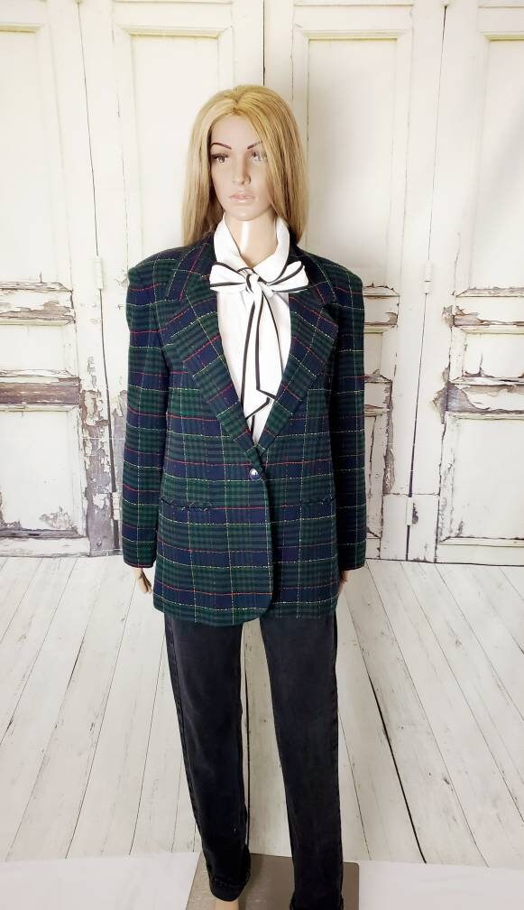 80S Oversized Wool Blend Jacket Blazer, Tino Valenti Green Tartan Plaid Jacket// Women's Size 10 Medium
