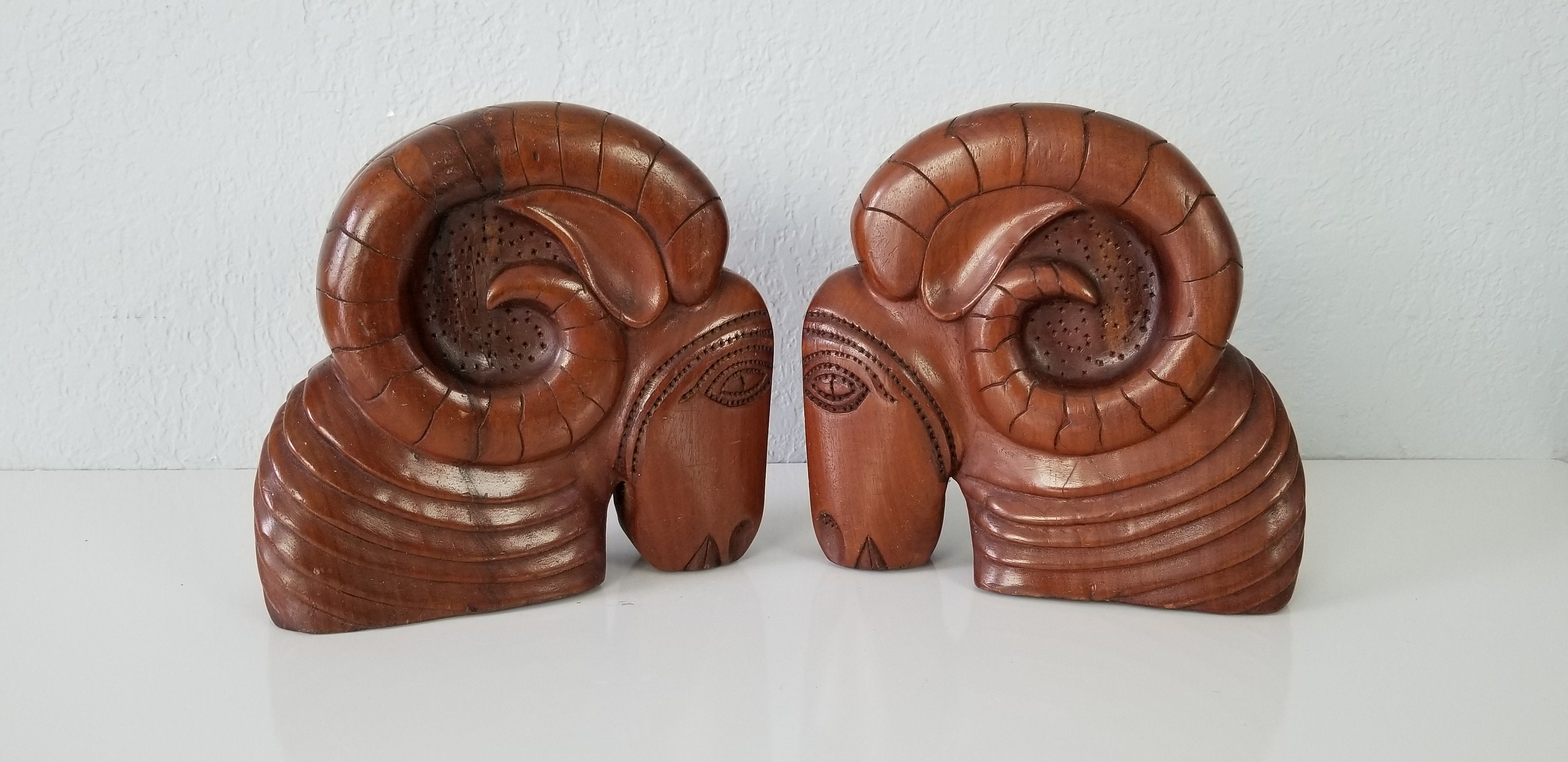 Vintage Hand Carved Wood Rams Head Bookends - A Pair