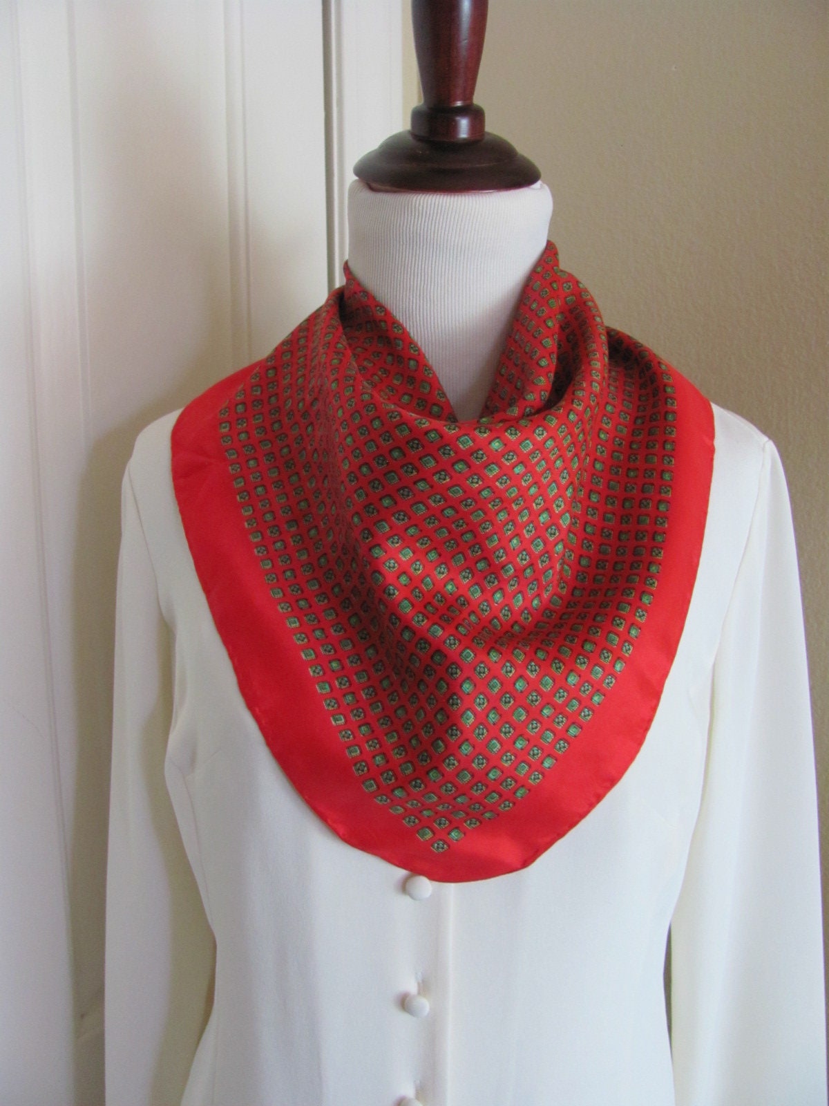 Beautiful Red Green Dots Silk Blend Scarf // 24 Inch 56cm Square Best Selection On Etsy