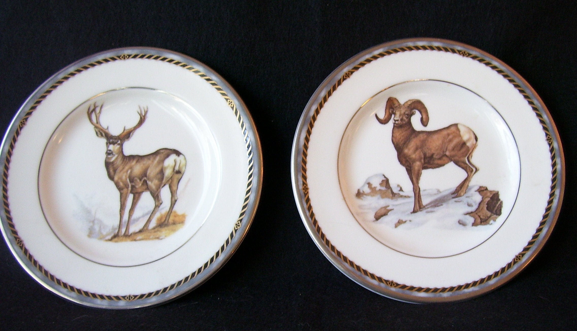 2 Royal Doulton New Romance Animal Plates - South Hampton -Small Cabinet Plates- Stag & Ram 1995