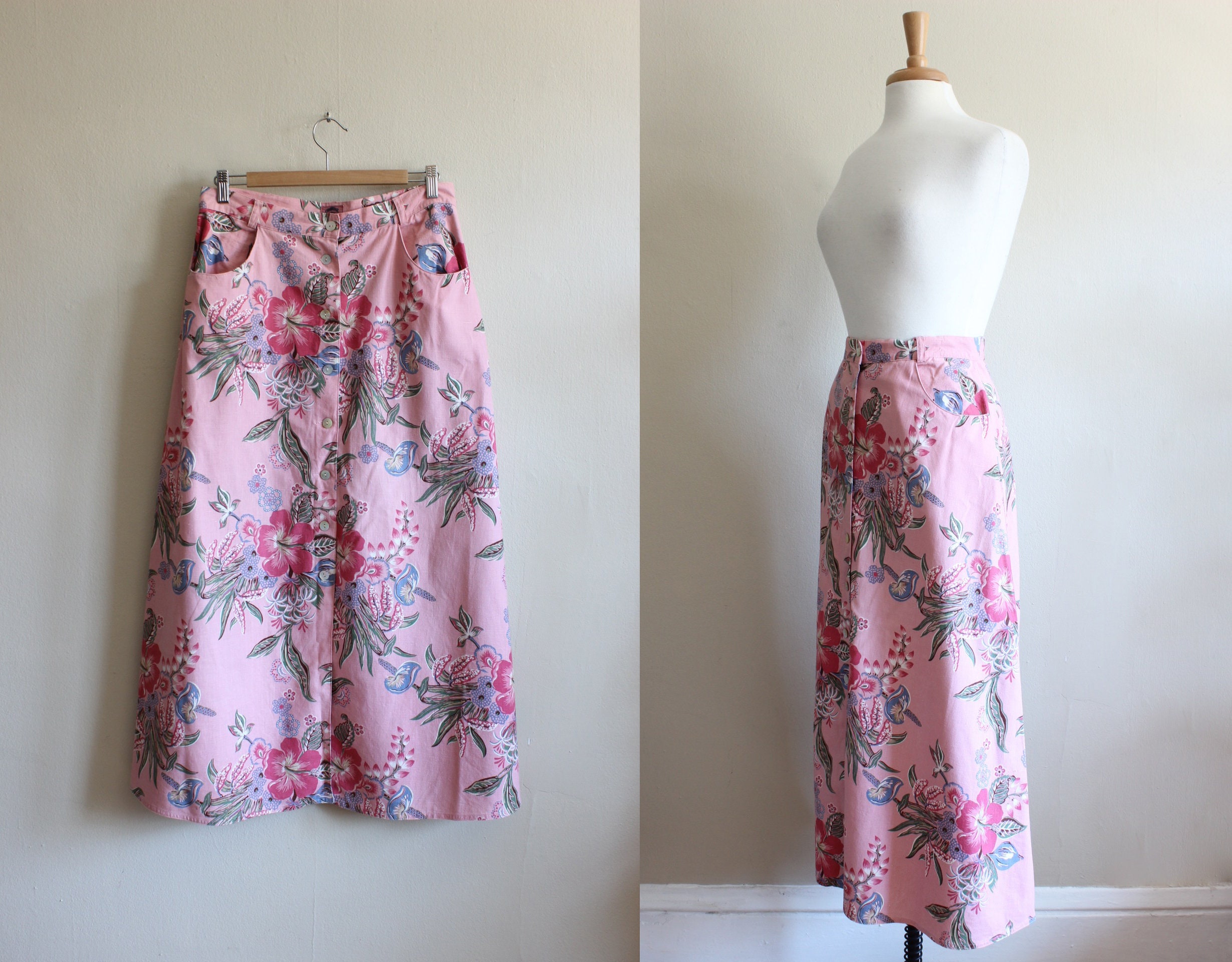 Vintage Pink Floral Linen Blend Button Front Maxi Skirt