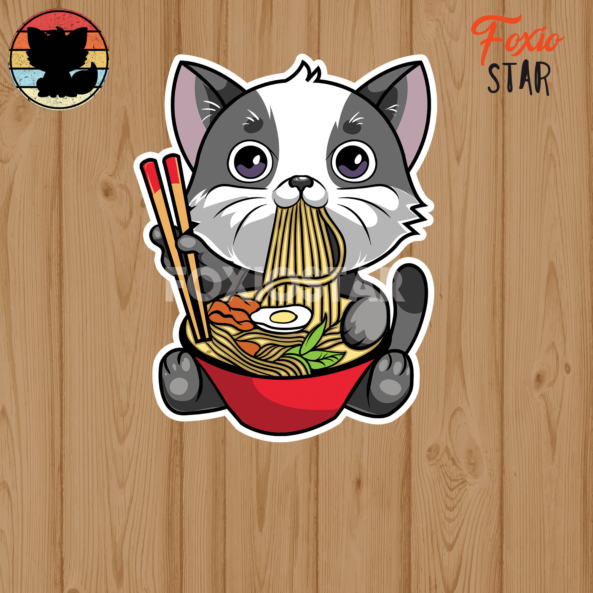 Kawaii Cat Eating Noodles Sticker/Japanese Anime Ramen
