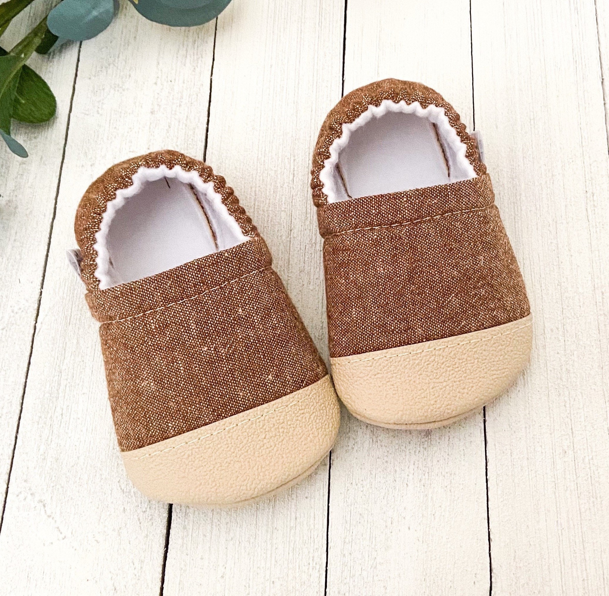 Nutmeg Linen Blend Baby Booties, Slippers, Crib Shoes, Soft Sole, Moccasins, Shoes