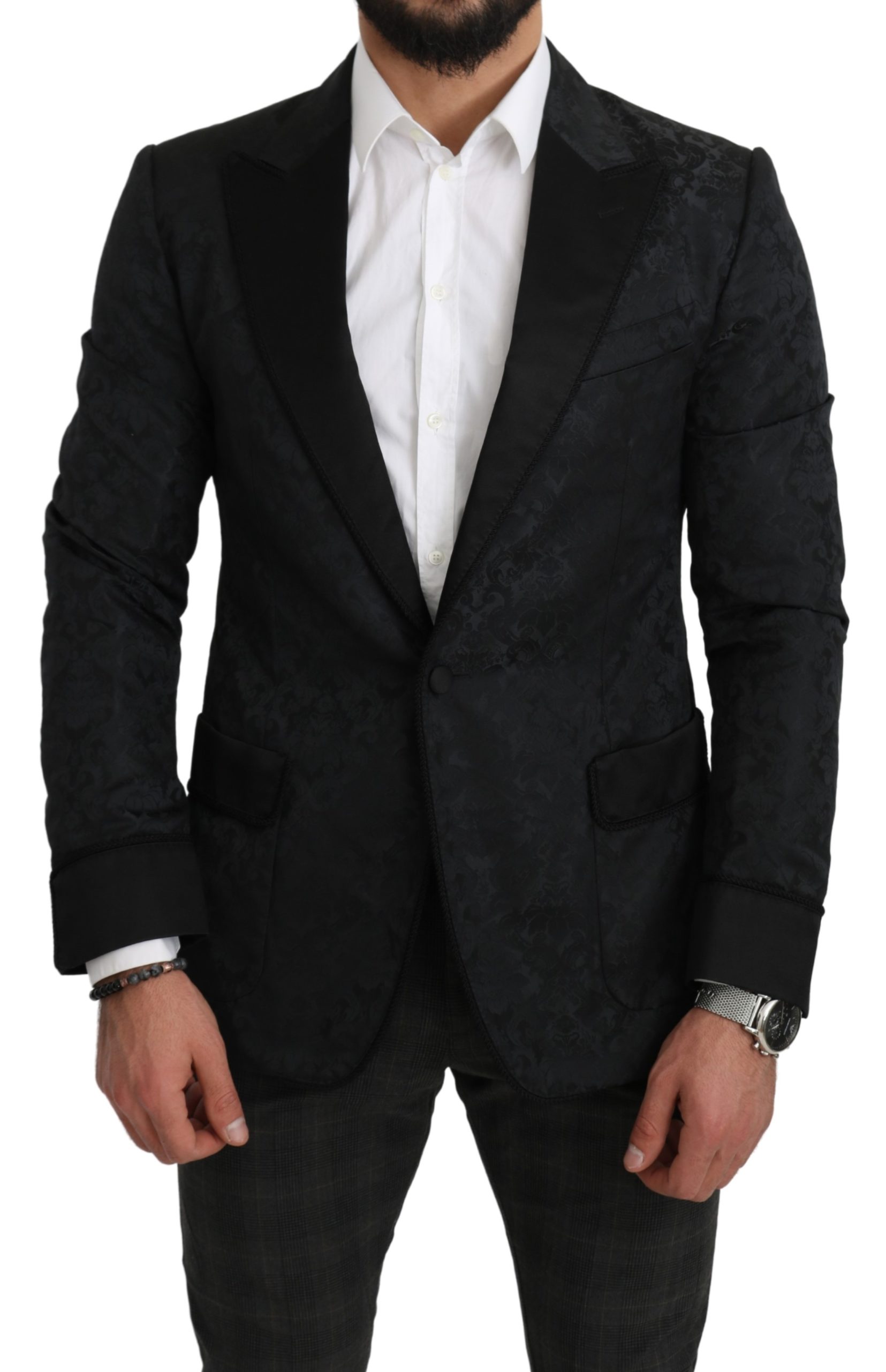 Dolce & Gabbana Men's Jacquard Slim Fit Peak Floral Blazer Black KOS1802 - IT48 | M