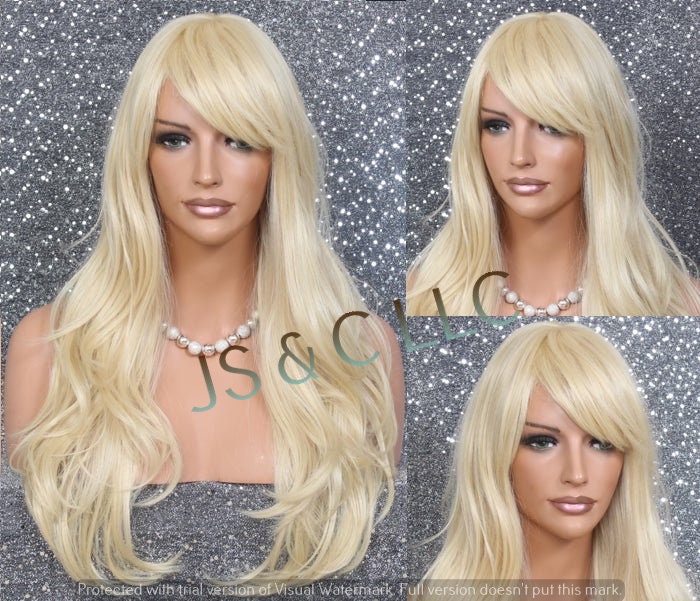 Pale Blonde Human Hair Blend Wig Heat Safe Full Bangs Long & Wavy Cancer Alopecia Theather Cosplay