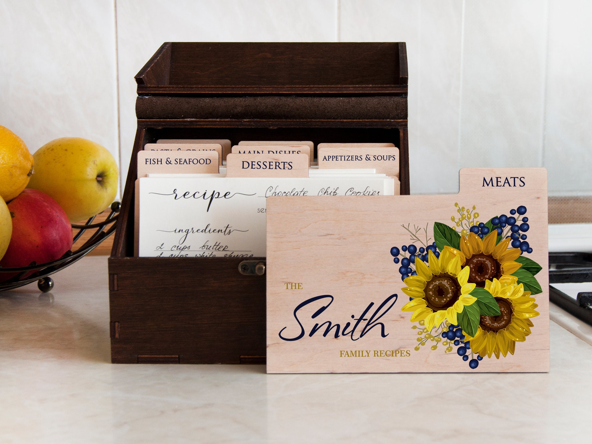 Wooden Recipe Box With Sunflowers Mothers Day Gift Personalized Card Wedding For Daughter in Law Housewarming Her