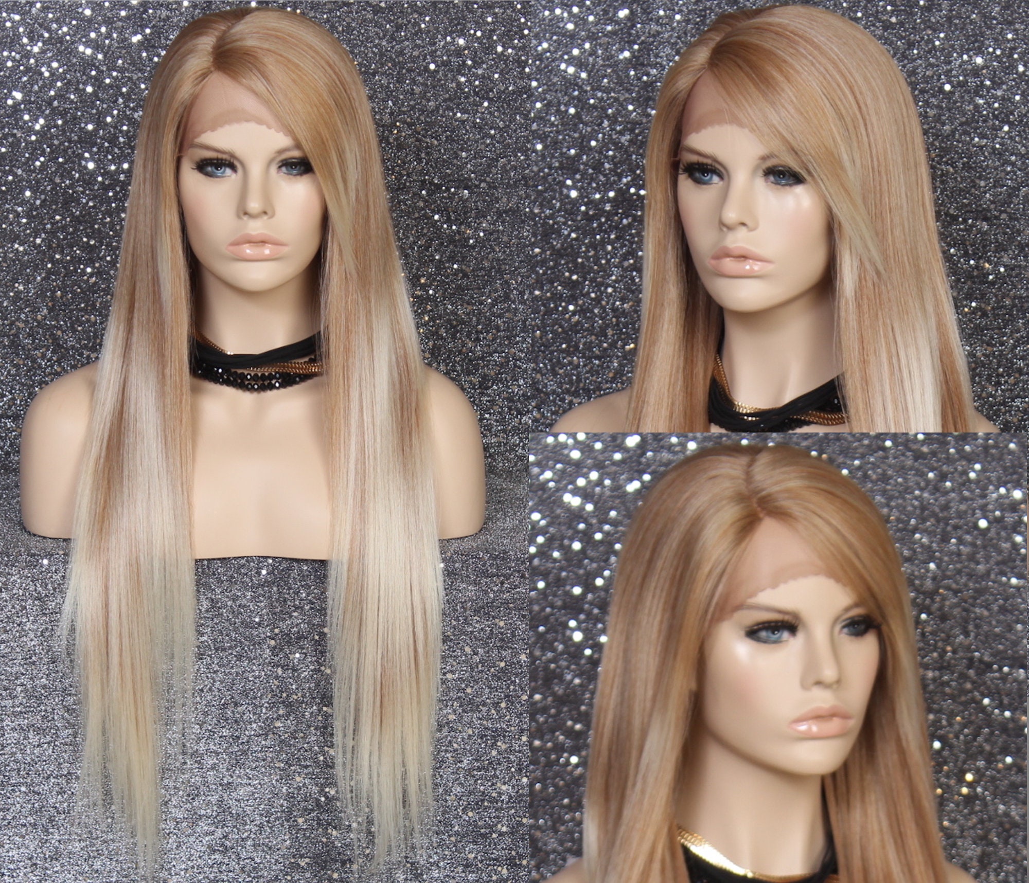 Human Hair Blend Silky Straight Super Soft Full Lace Front Wig With Slight Wishy Short Front Blonde Mix Cancer/Chemo/Alopeica/Cosplay