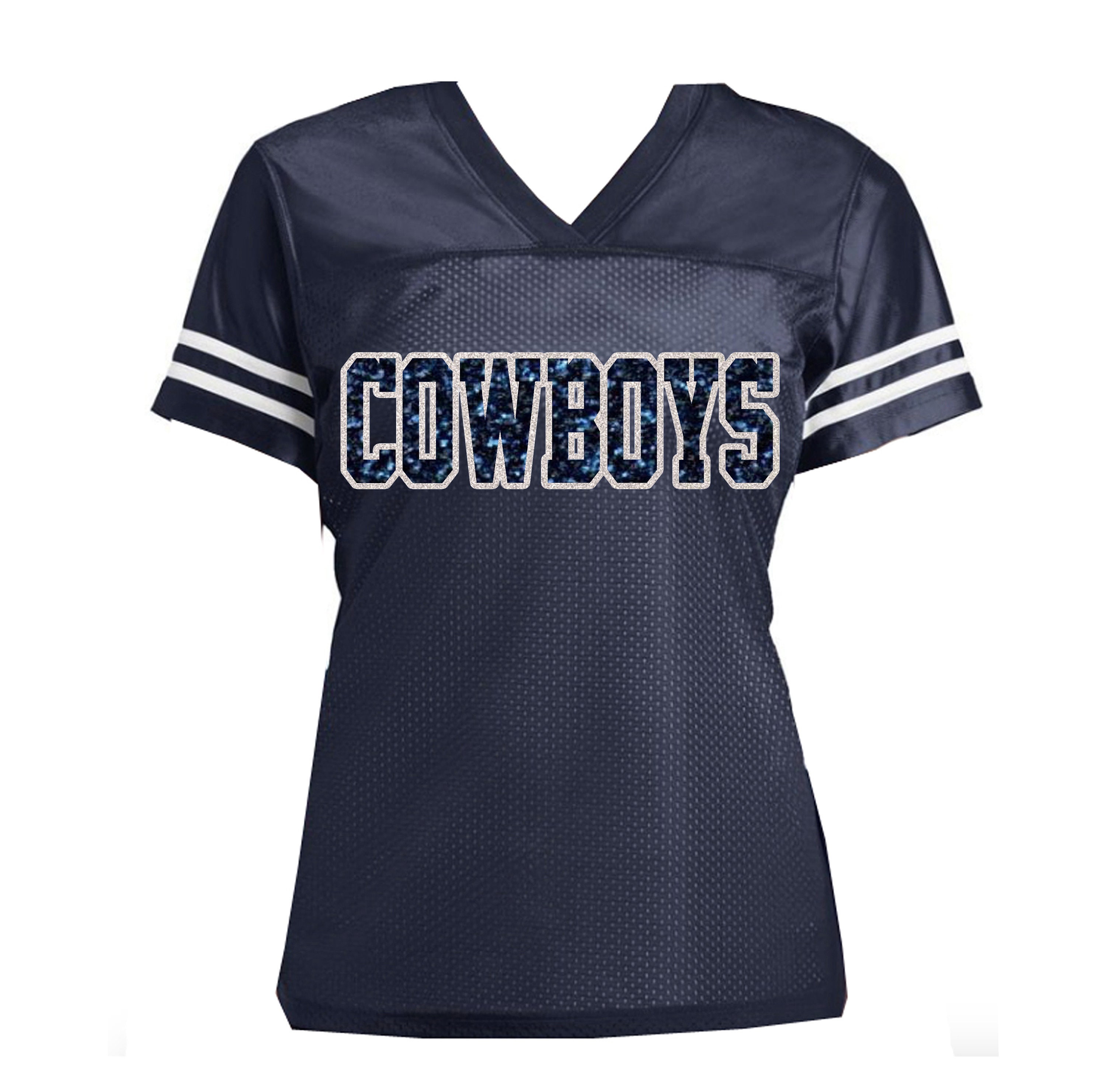 Cowboys - Or Choose Your Team Dallas Texas Glitter Football Jersey Women's Mesh V-Neck Shirt, Navy & White