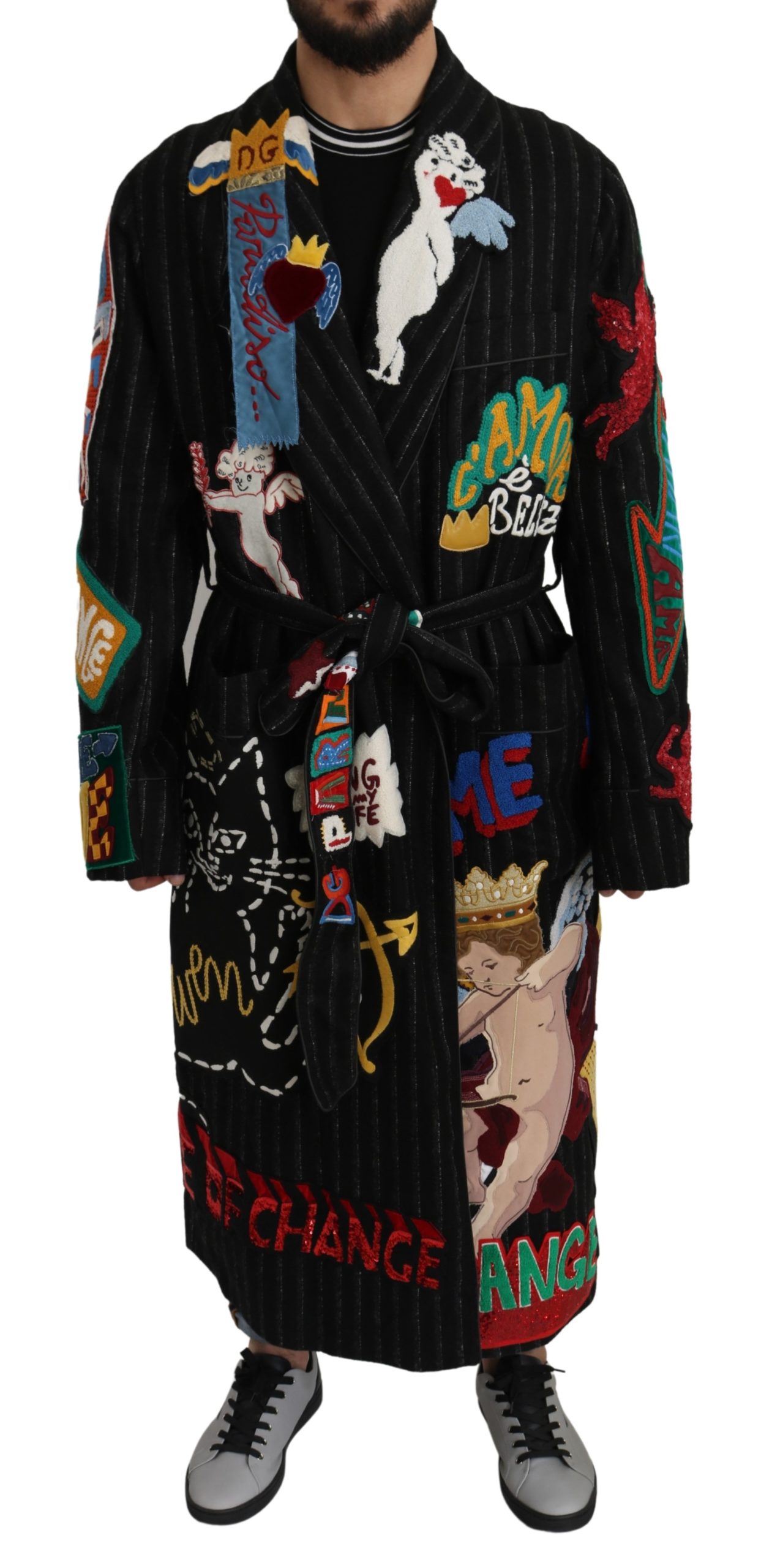 Dolce & Gabbana Men's Wool BELLEZZA Nightgown Robe Coat Black JKT2663 - IT56 | 3XL