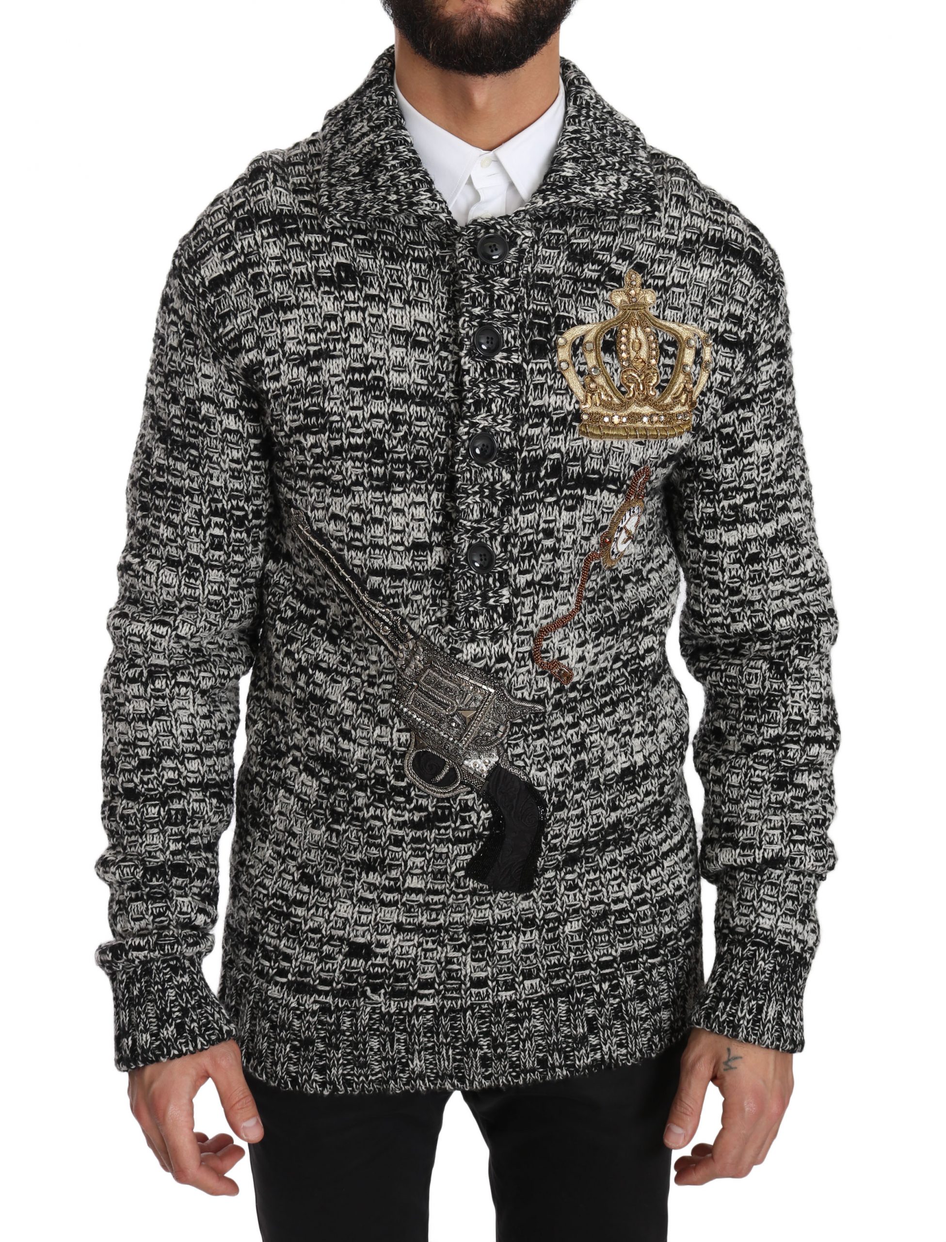 Dolce & Gabbana Men's Wool Crystal SICILIAN WESTERN Henley Sweater Gray JKT2300 - IT48 | M