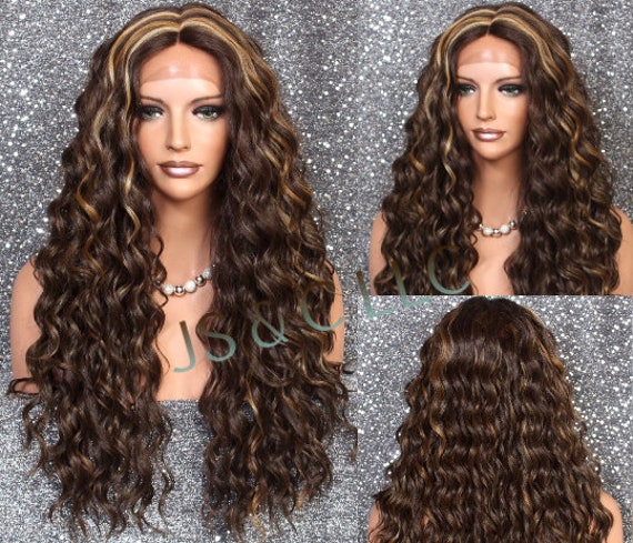 Human Hair Blend Long Curly Wig Hand Tied Soft Swiss Lace Front Hand Tied Mono Center Part Carmel Brown Blonde Mix Cancer/Alopecia/Cosplay