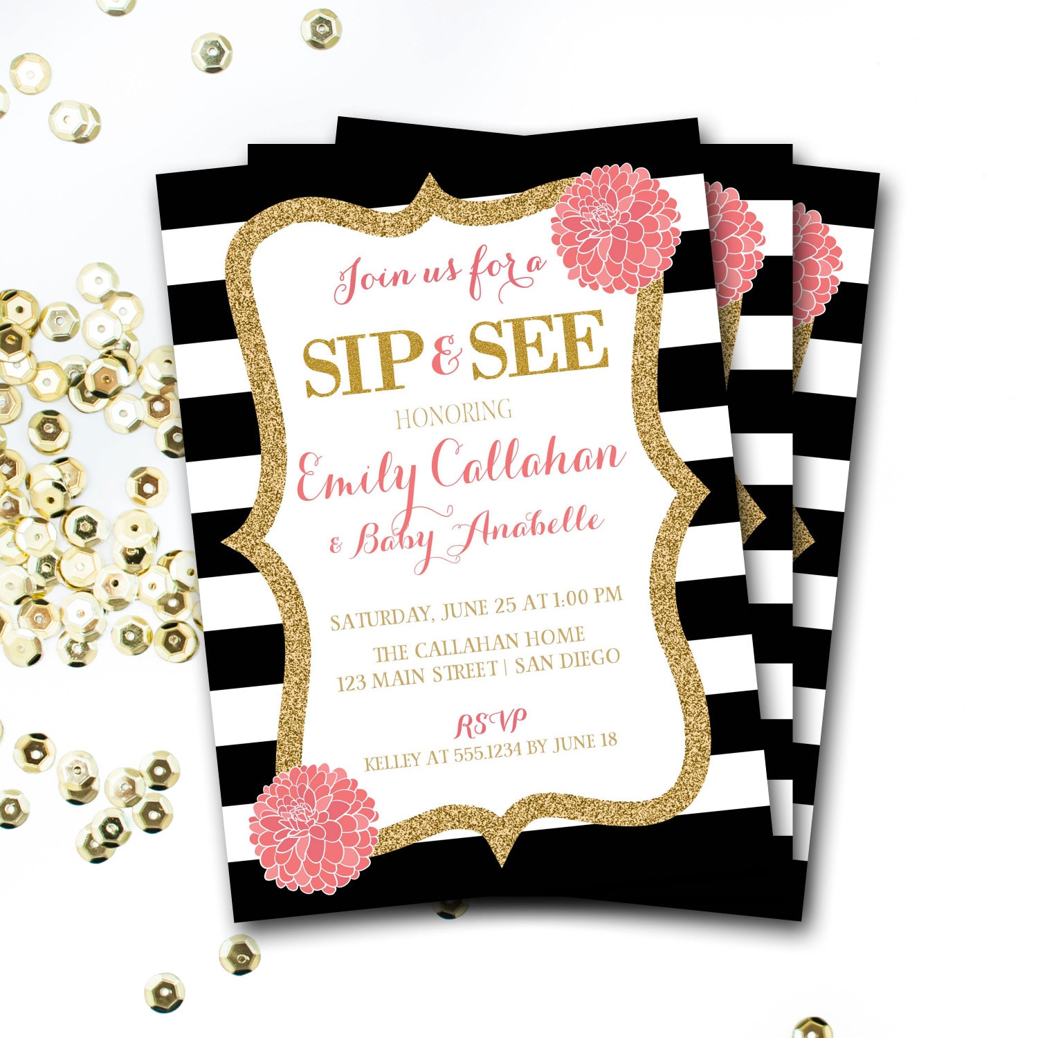 Sip & See Invitation, Baby Shower & Pink & Gold Shower