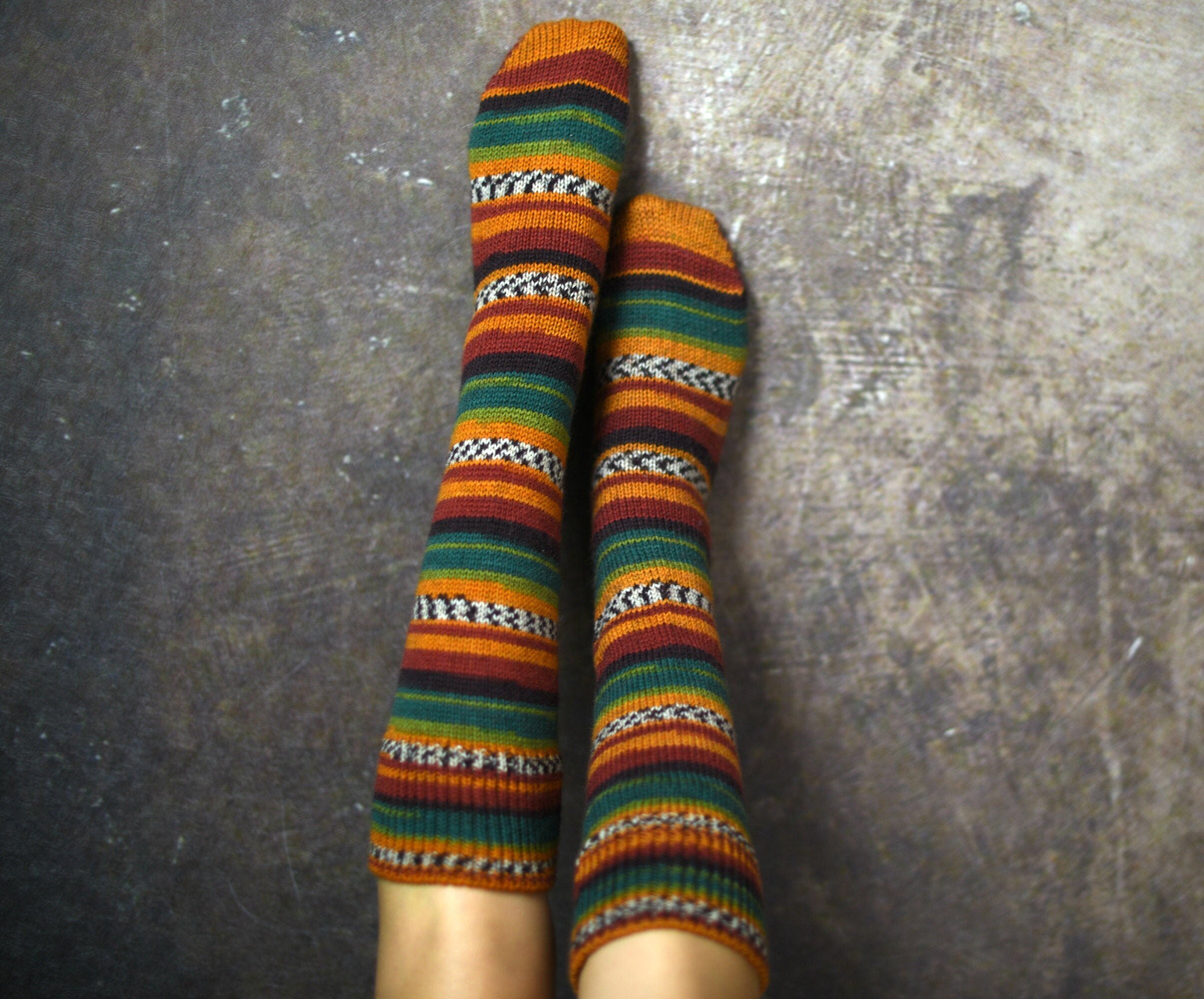 Knitted Knee Socks For Best Friend Gift, Wool Leg Warmers Gift Wife, Striped Customized Socks, Hand Knit Women