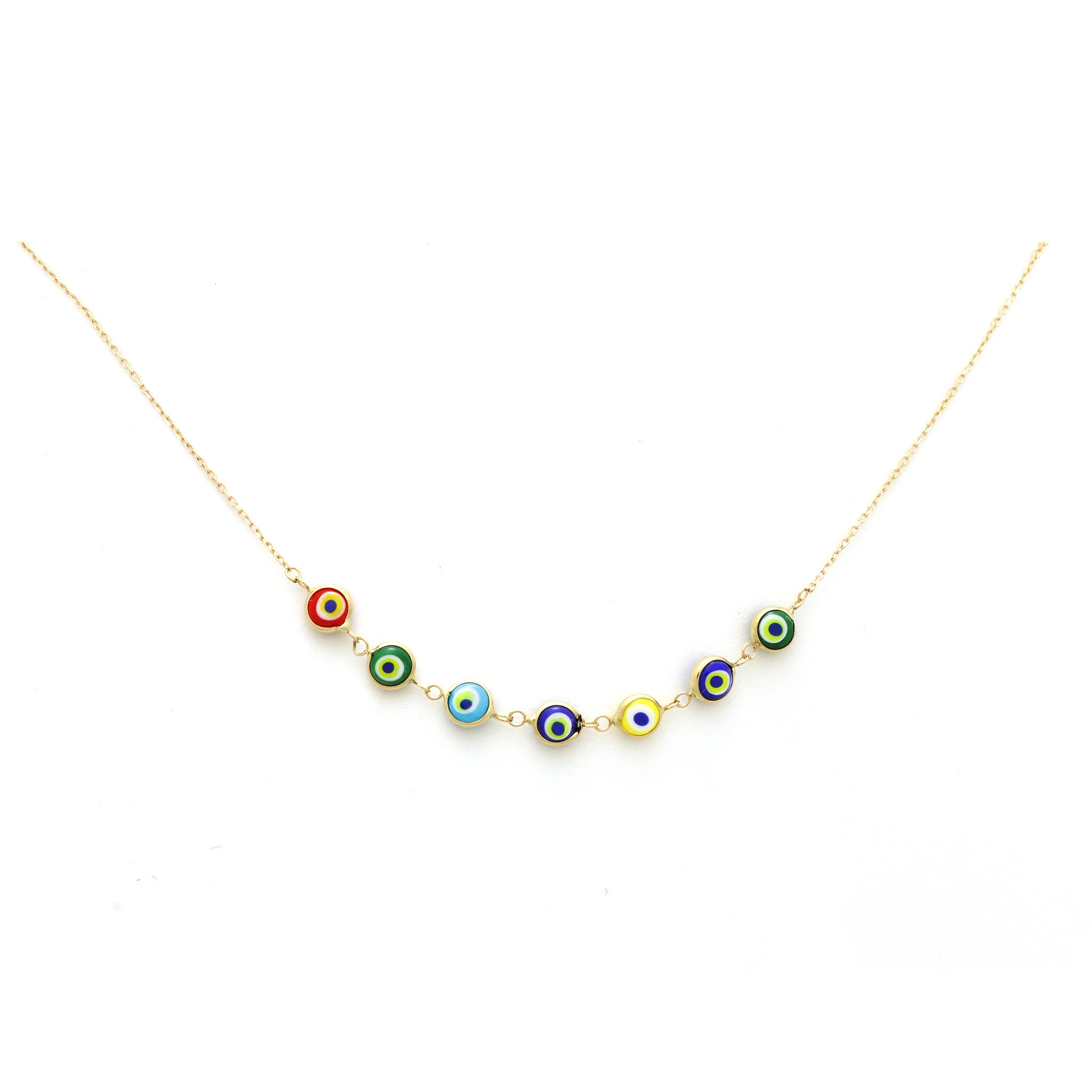 Multi Color Evil Eye Necklace, 14K Solid Gold Supernatural Protection Perfect Gift For Moms