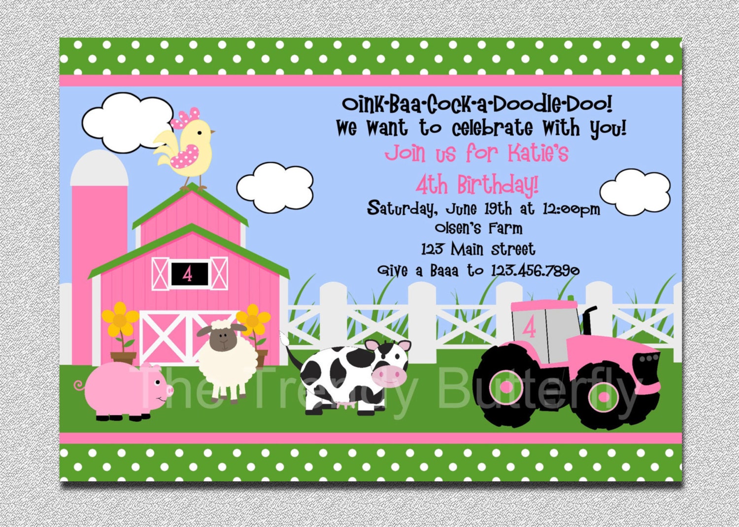 Farm Invitation, Girls Pink Petting Zoo Birthday Barn Yard Party