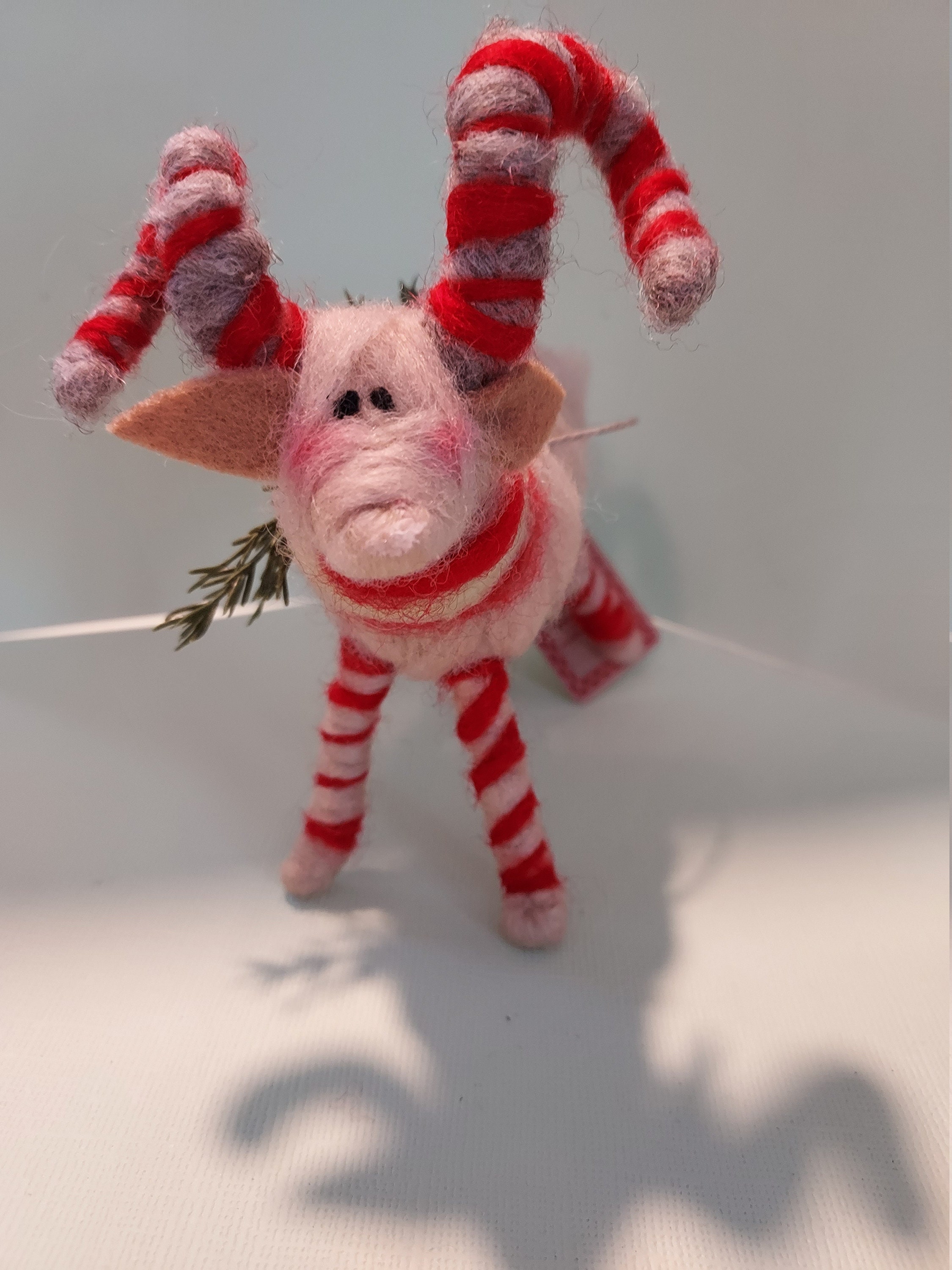 New... Candy Cane Ram Felted Wool 5 Ornament