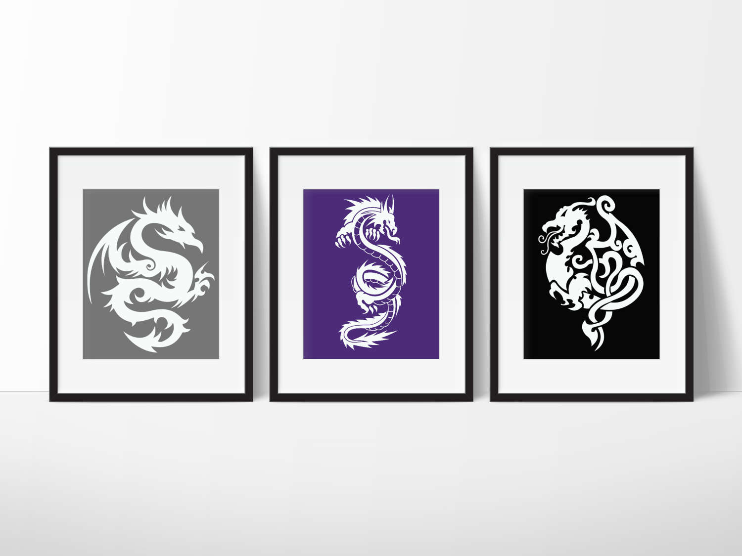 Dragon Wall Art, Silhouette Prints, Set Of 3