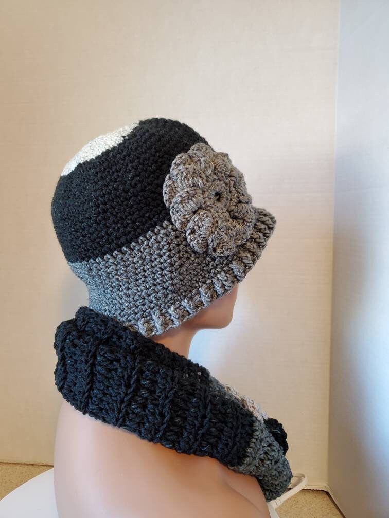 Gray Blend -Cloche & Scarf - Hat Cowl Handmade Crochet Set