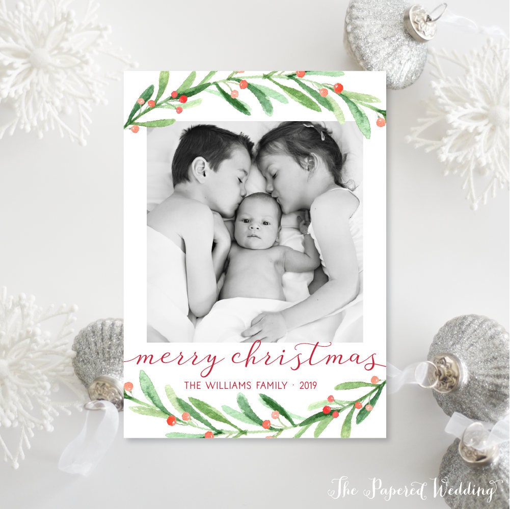 Printable Or Printed Red & Green Christmas Cards - Merry Holly Branch Holiday Card 052 P1