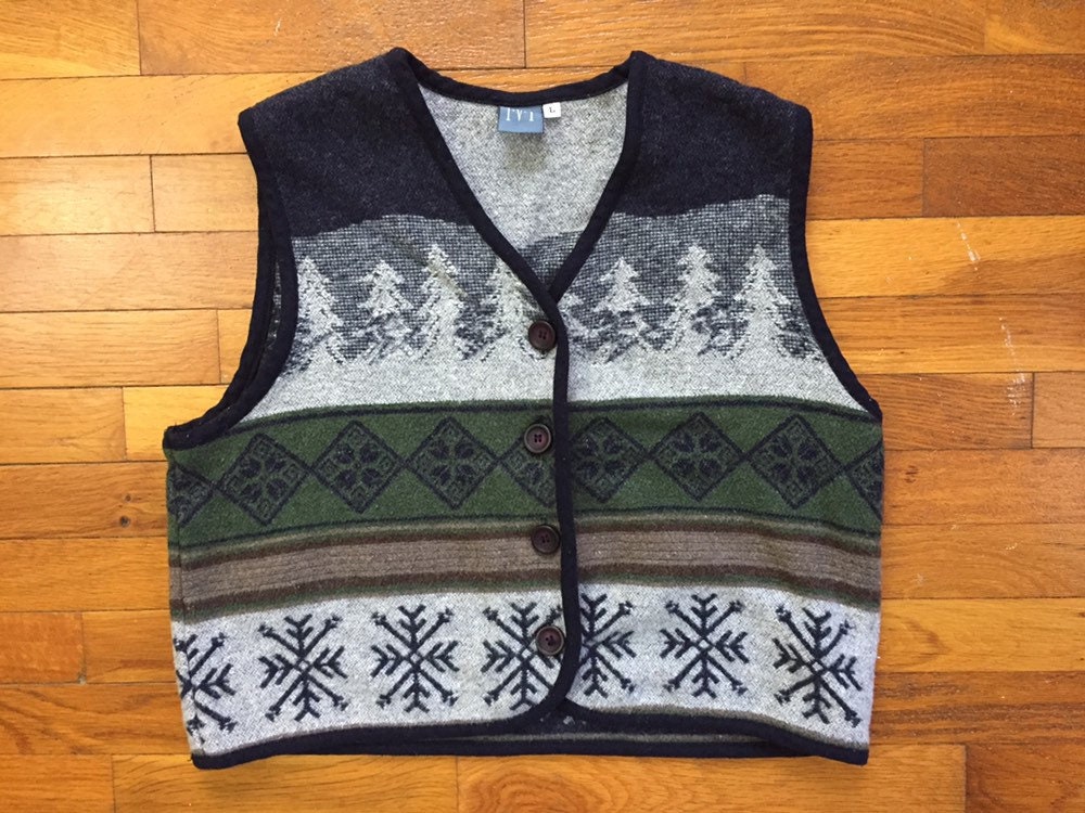 Vtg Christmas Pine Tree Wool Blend Sweater Vest Women's Large ~ 1A911