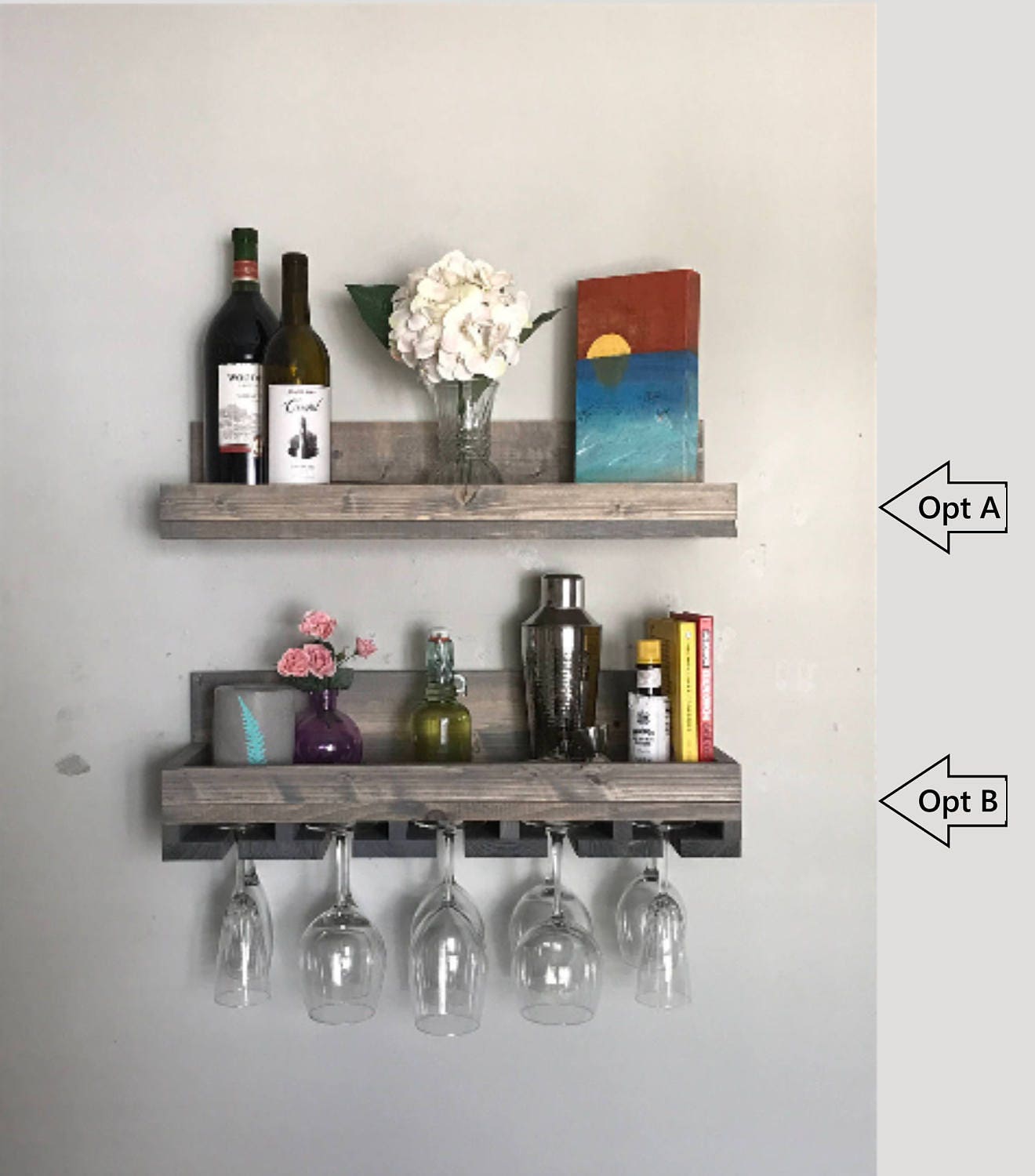Wood Wall Mounted Wine Rack | The Ryan Shelf & Glass Holder Organizer Floating Ledge Unique Rustic Bar Shelves Grey