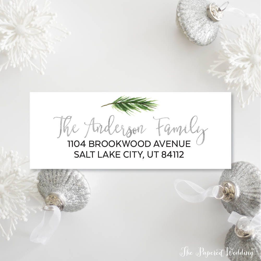 Green & Silver Return Address Labels - Pine Branch For Christmas Card Personalized Stickers 018