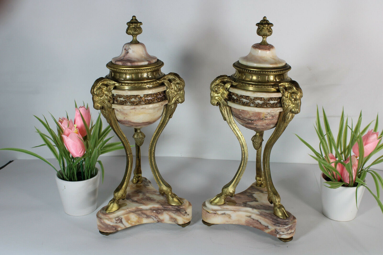 Pair Antique French Marble Bronze Ram Head Urns Vases
