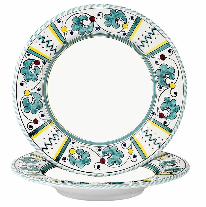 Orvieto Green Rooster Pasta/Soup Rim Plate | White Center