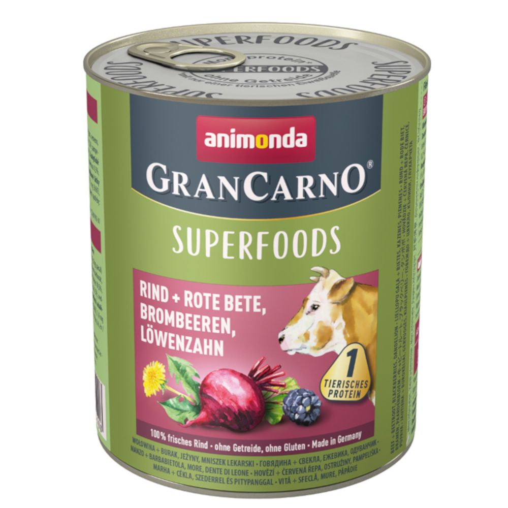 Animonda GranCarno Superfoods Adult 6 x 800g - Chicken, Spinach, Raspberries & Pumpkin Seeds