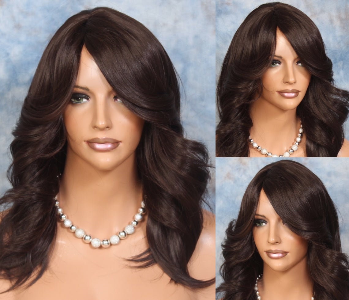 Human Hair Blend Wig Dark Brown Off Center Parting Heat Ok Feathered Farrah Waves Cancer Alopecia Theater Cosplay Anime Emo