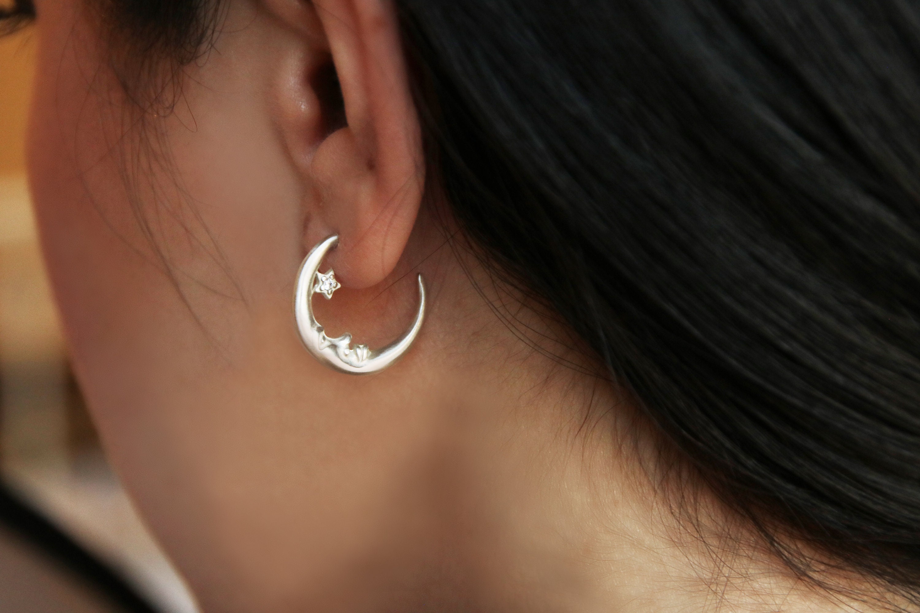 Crescent Cz Moon Earrings, Delicate Sterling Silver Half Moon Celestial Earrings