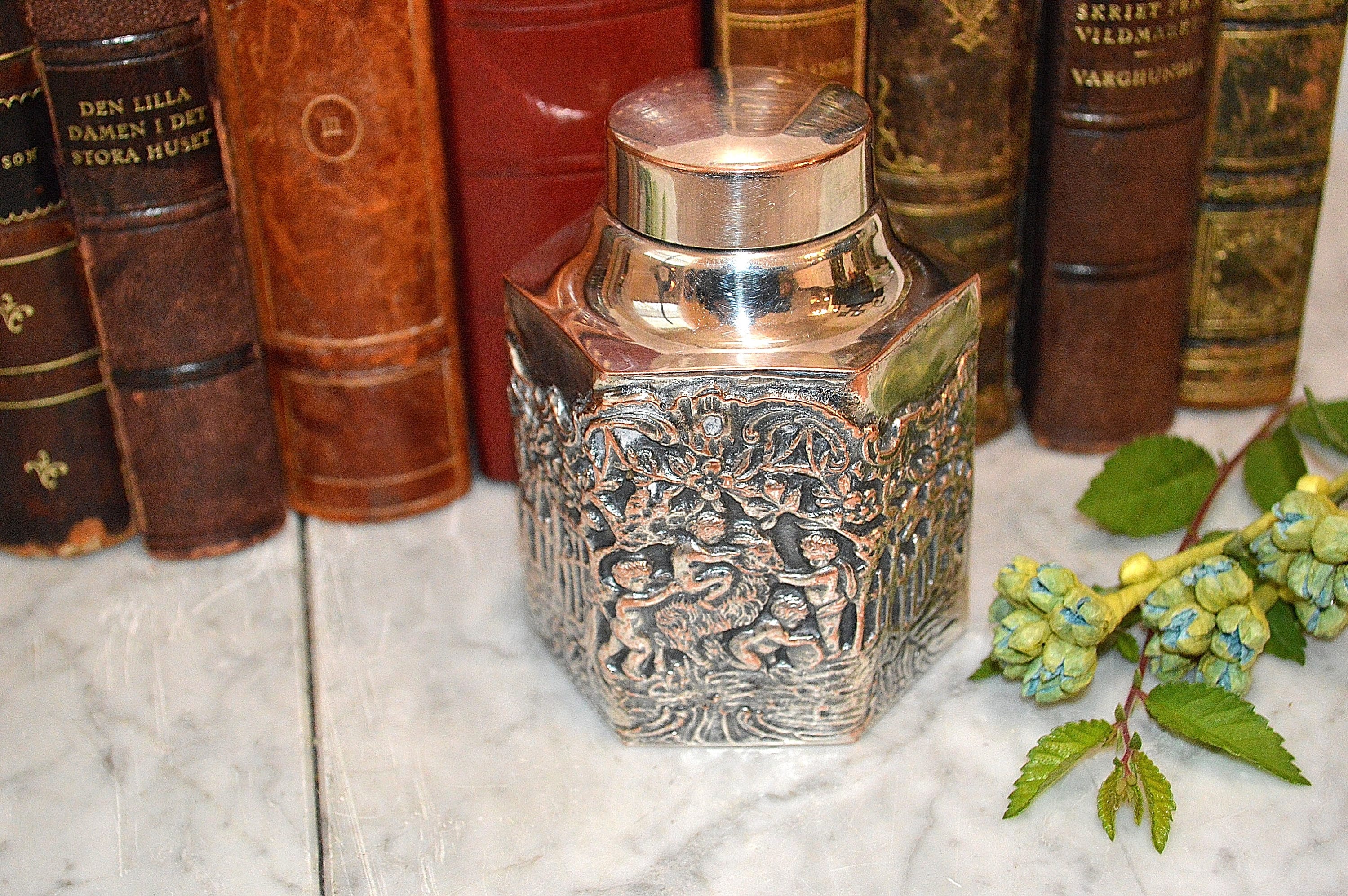 Antique Silver Plated Cherubs Ram Tea Caddy Canister Repousse
