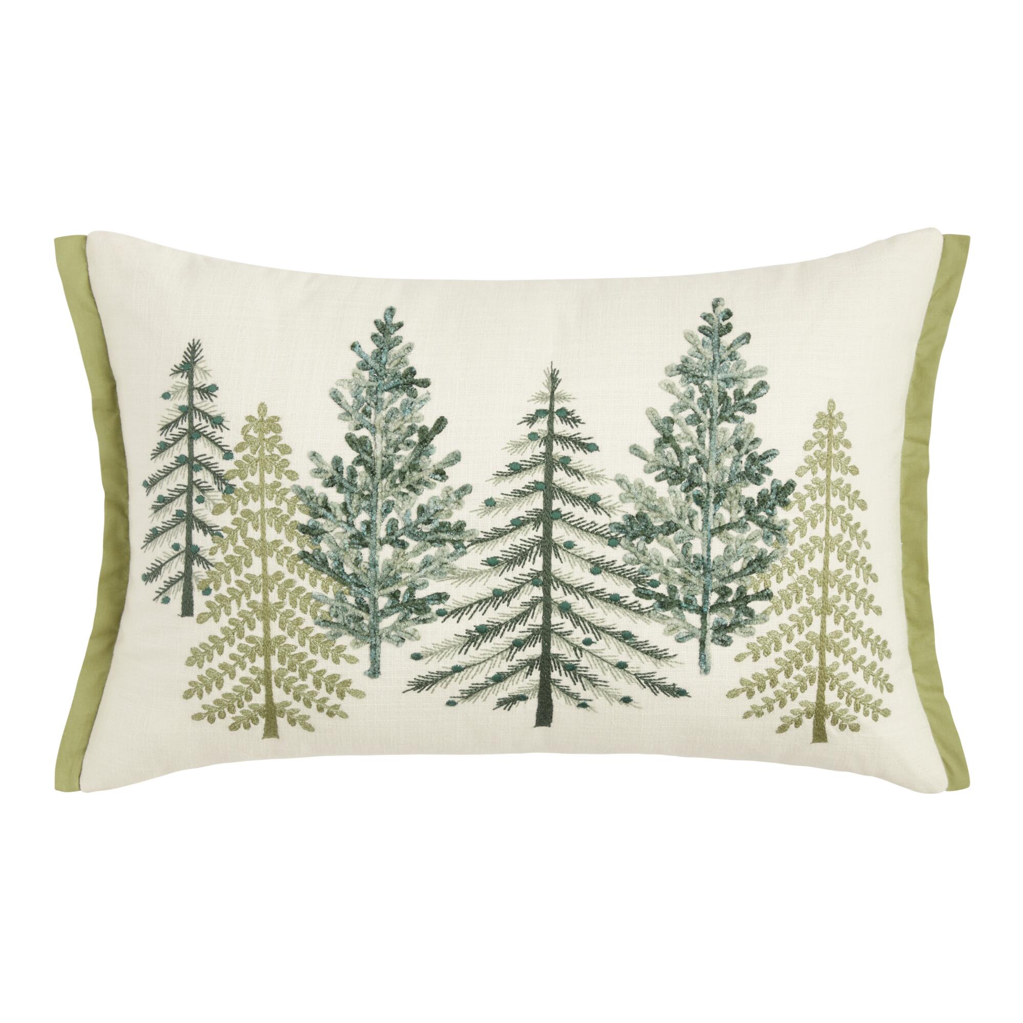 Pier Place Spruce Green Winter Trees Beaded Lumbar Pillow: Green/White - Cotton by World Market