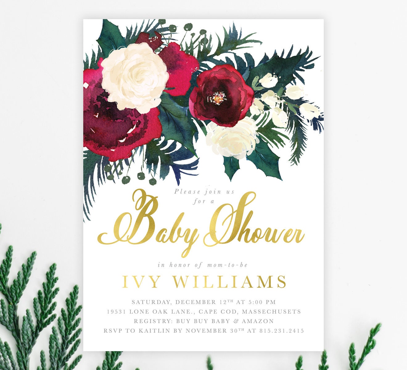 Christmas Baby Shower Invitation, Holiday Invite, Winter Burgundy, White & Gold Florals - 32
