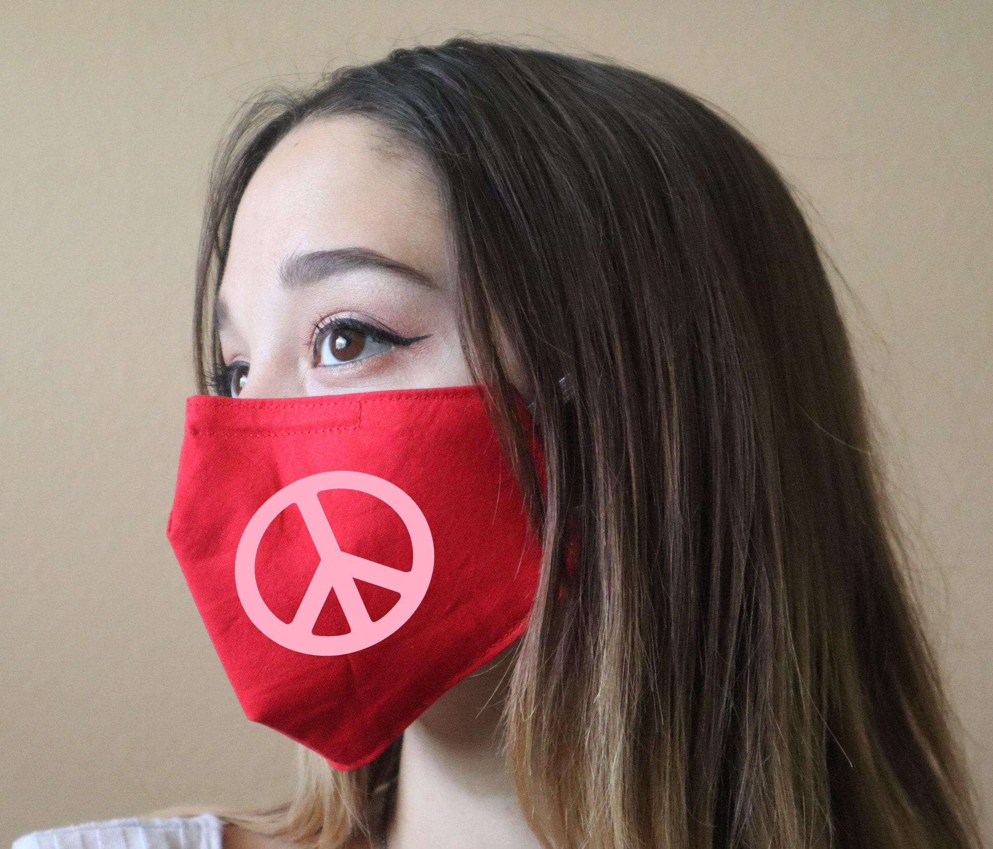 Handmade Cotton Blend Customizable Face Masks With Adjustable Ear-Loops - Peace Adult Small 8 X 5"
