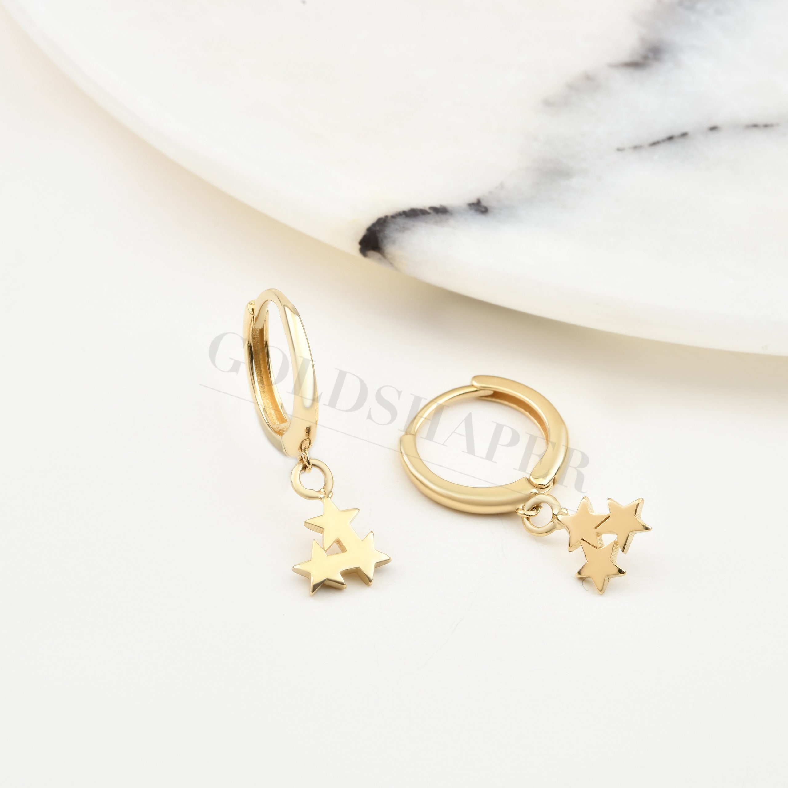 star Hoop Earrings, 14K Solid Gold Solar Celestial Earring, Gift For Her, Bridesmaid Gift, Birthday Christmas Gift