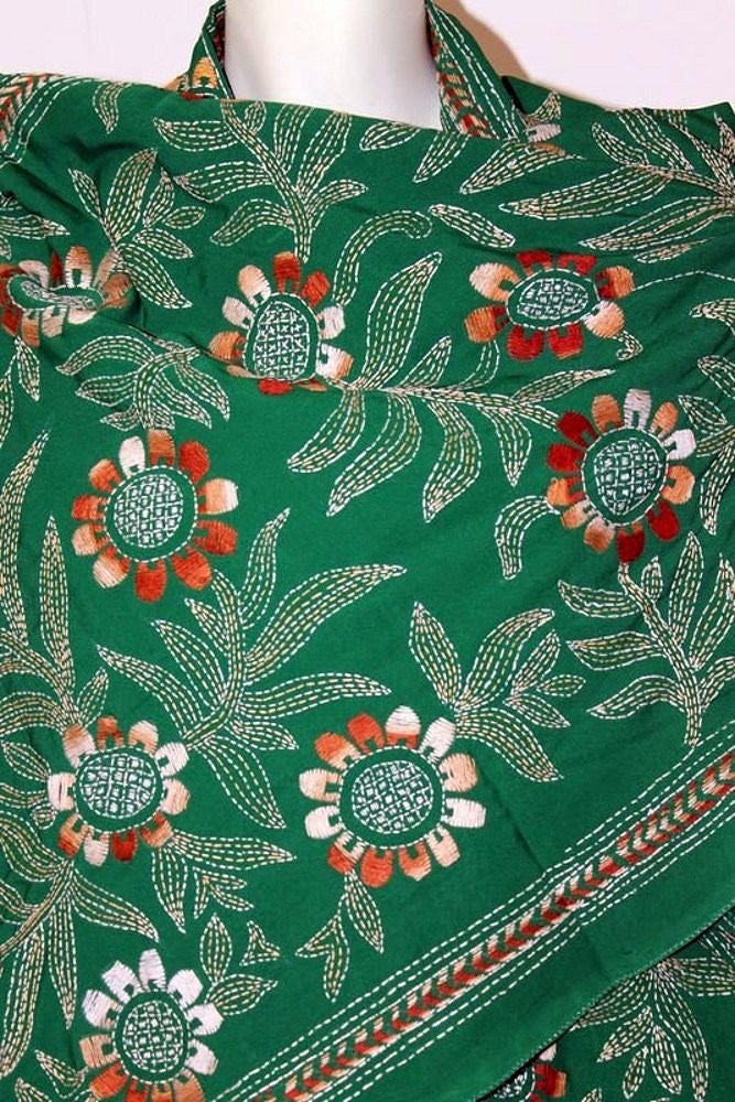 Clearance Vintage, Boho, Green, Silk Blend, Hand Embroidered in Floral Motifs, Stole, Scarf, Wrap, Shawl, Table Runner, Bed Runner