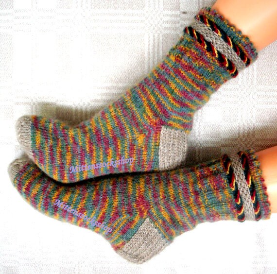 Multicolor Melange Wool Socks Hand Knitted Women's Girl's Ladies Men's Warm Winter Gift