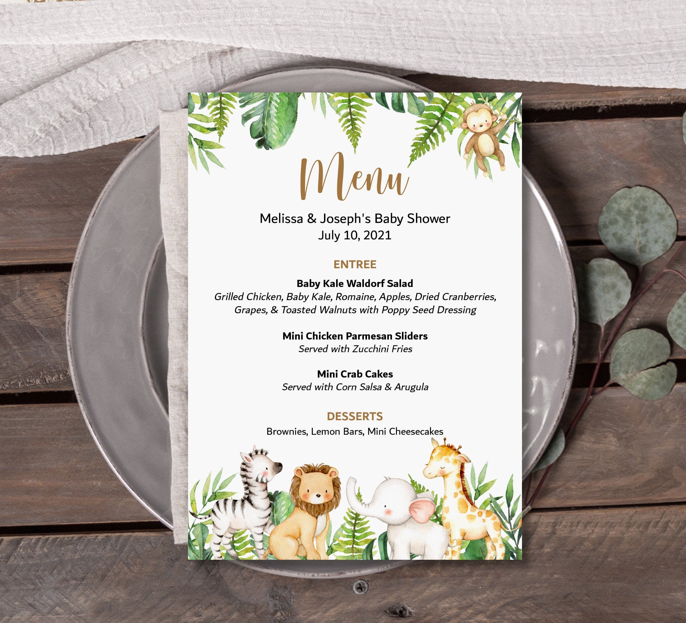 Menu Printable Jungle Safari Animals Baby Shower Wild One First Birthday Sign Personalized Cards A95 C94
