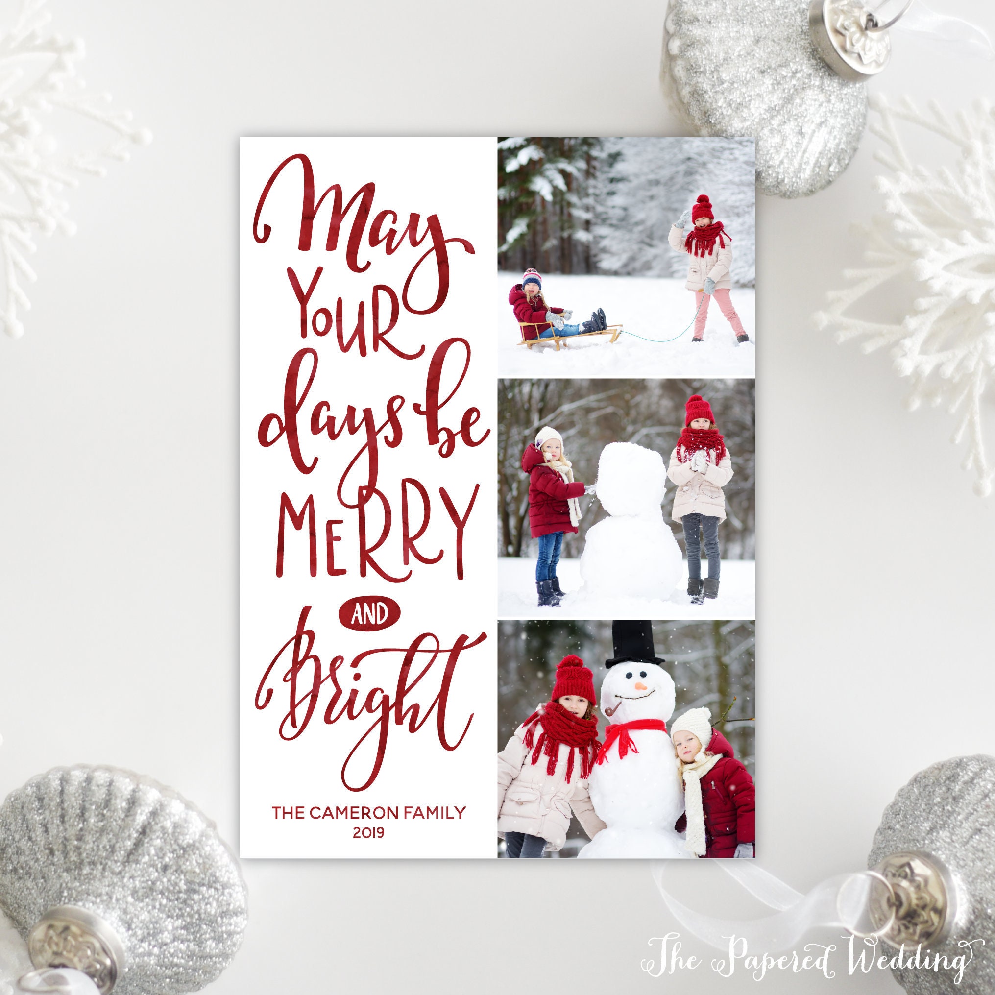 Printable Or Printed Photo Holiday Cards in Red Watercolor - May Your Days Be Merry & Bright Christmas With Three Pictures 099 P3
